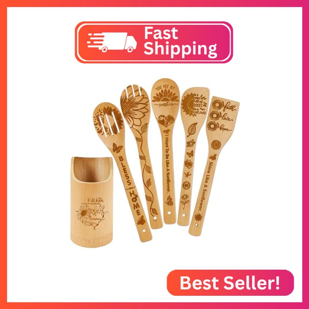 6 PCS Sunflower Wooden Spoons Set for Kitchen Decor,Sunflower Gift with Utensil