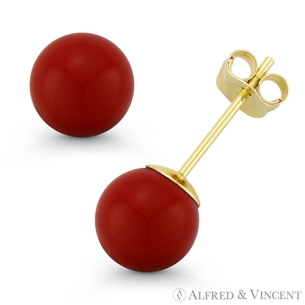 3mm to 10mm Red Coral Ball Studs Pushback Stud Earrings in 14k 14kt Yellow Gold