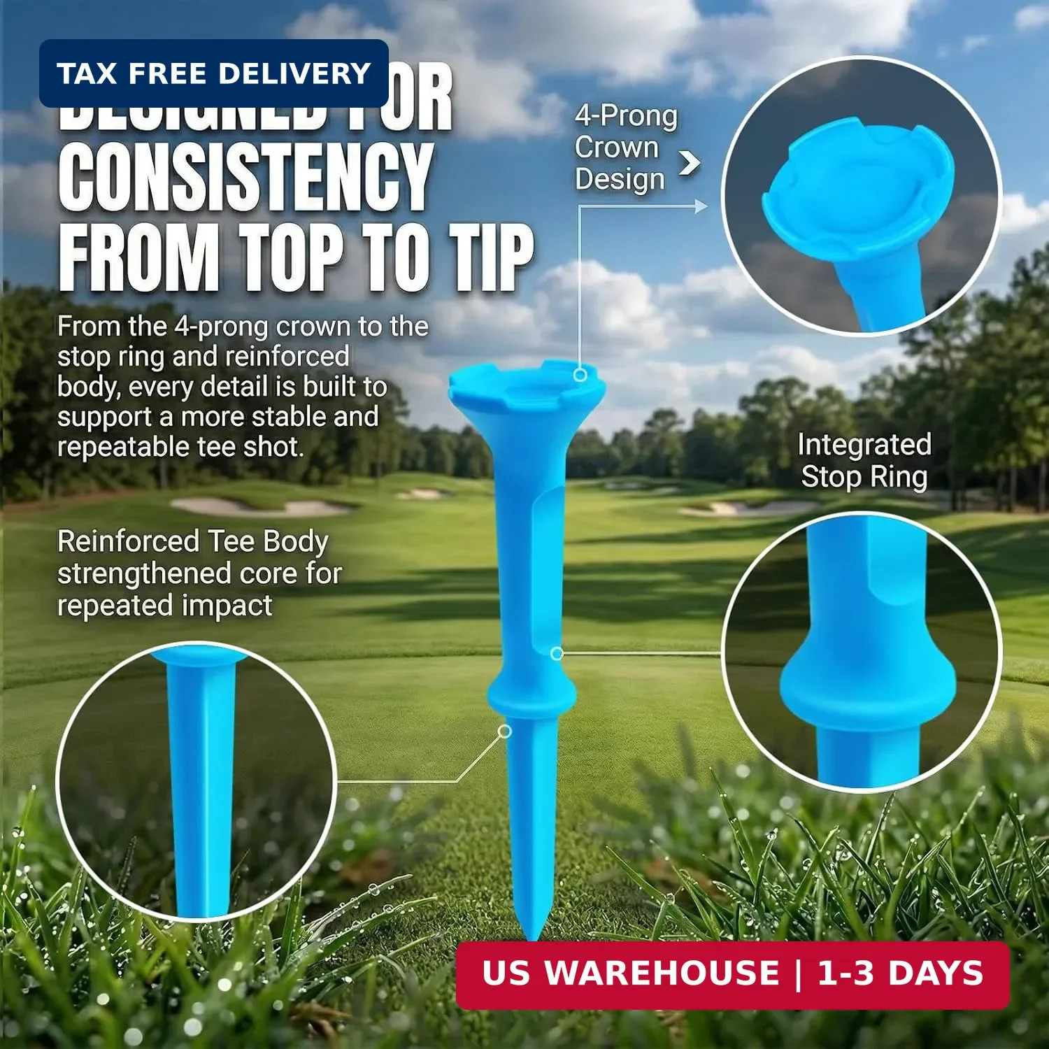 Stepped Golf Tees, 110 Count Plastic Golf Tees, Fixed Tee Height Golf Tees with