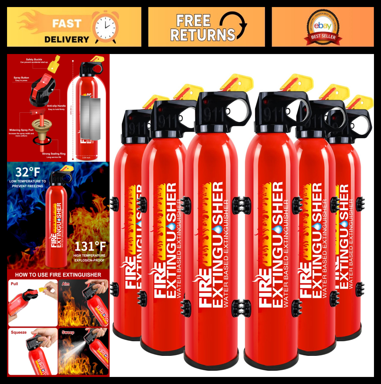 6 Pack Water-Based Fire Extinguishers Class A B C | Compact 620ml, Wall Mount, M