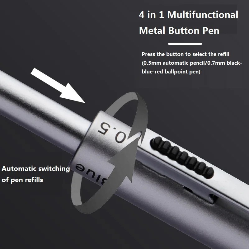 4 in 1 Multicolor Ballpoint Pen 0.5mm Mechanical Pencil Metal Refillable V2
