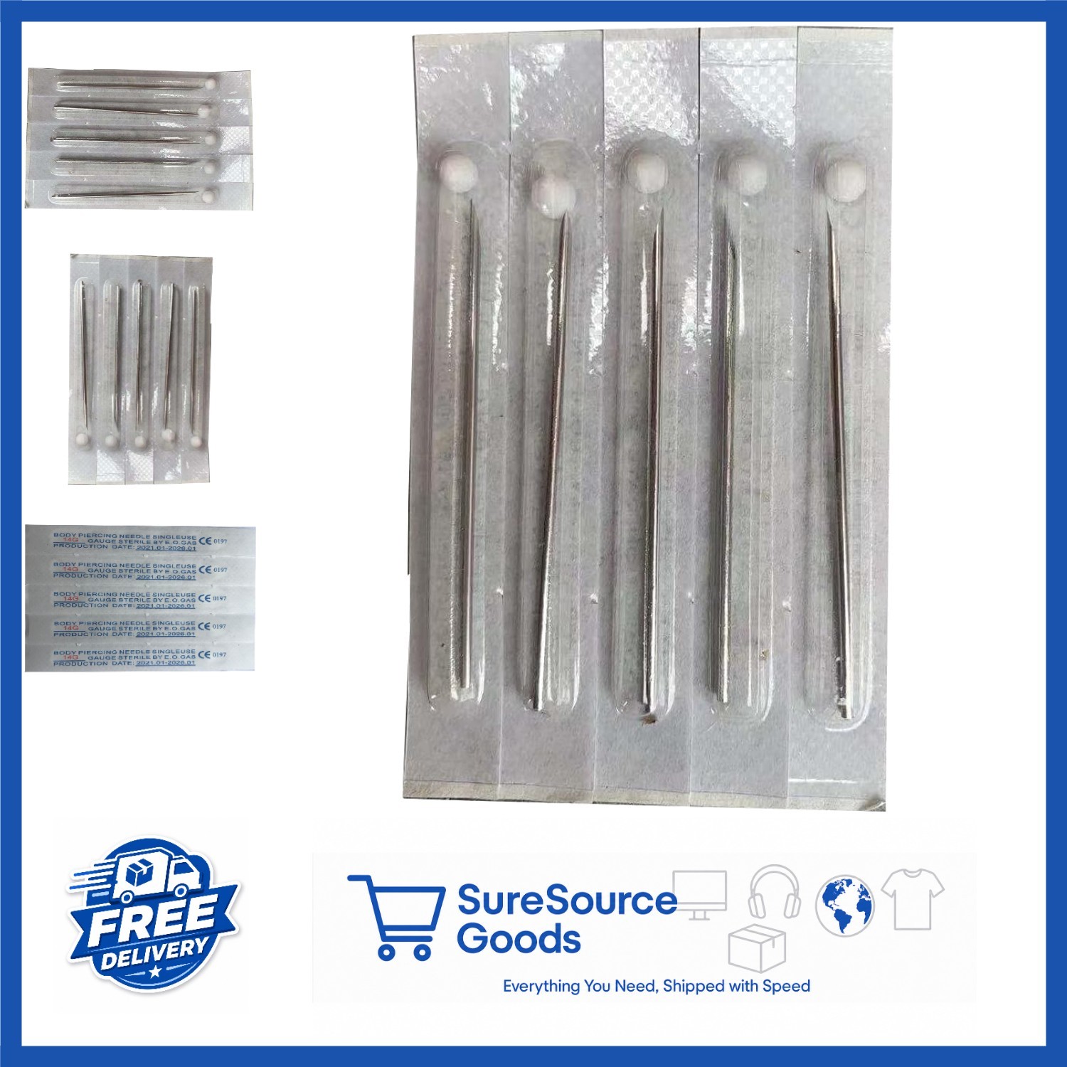 10 Pieces 14G Piercing Needles for Ear Nose Lip Navel in Silver Stainless Steel