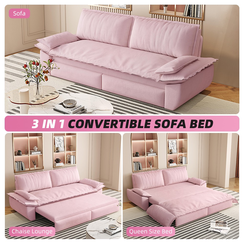 73in Roll Out Velvet Sleeper Sofa Bed w/ Queen Mattress, Multi-Functional 3-in-1