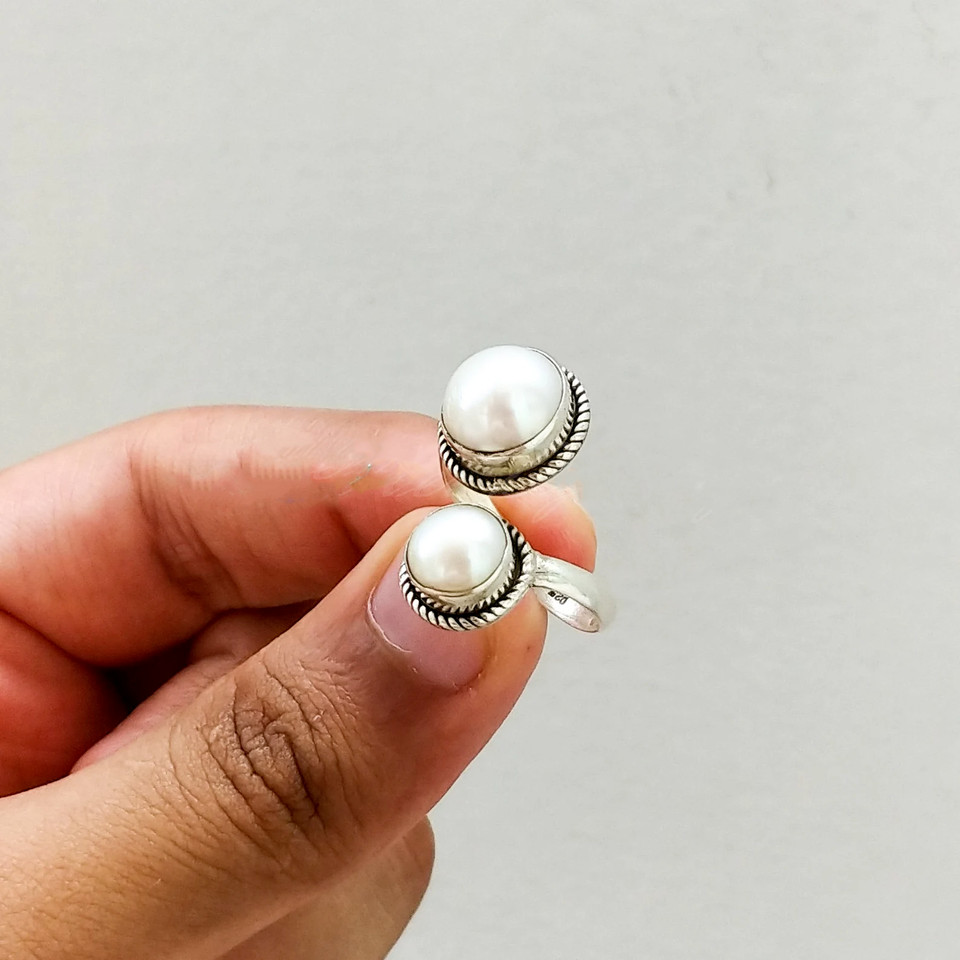 Pearl Gemstone Ring Solid 925 Silver Handmade Adjustable Ring All Size SR711