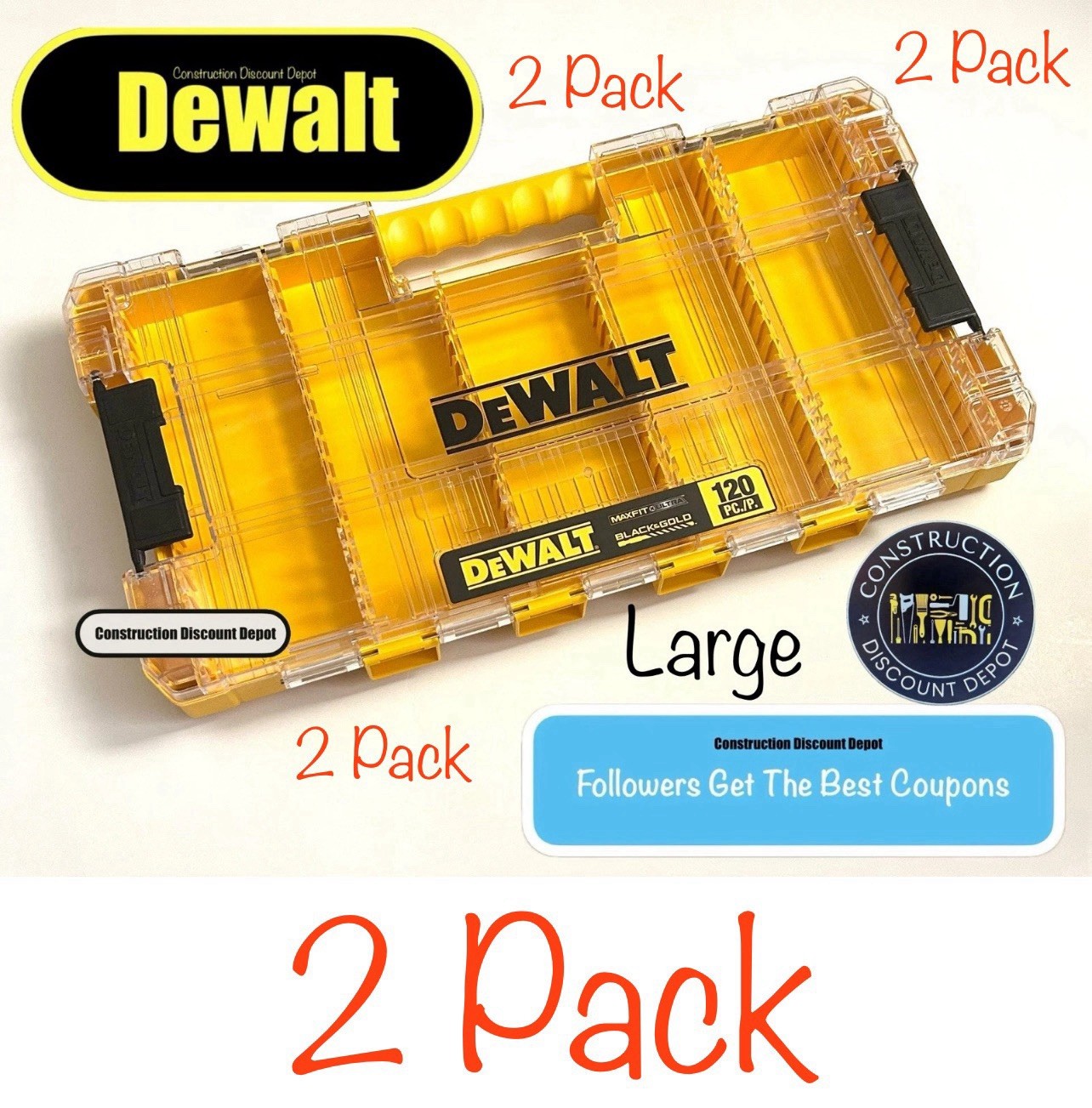 2 PACK DeWalt Large Tough Case Bit Holder Organizer STACKABLE INTERLOCKING  120