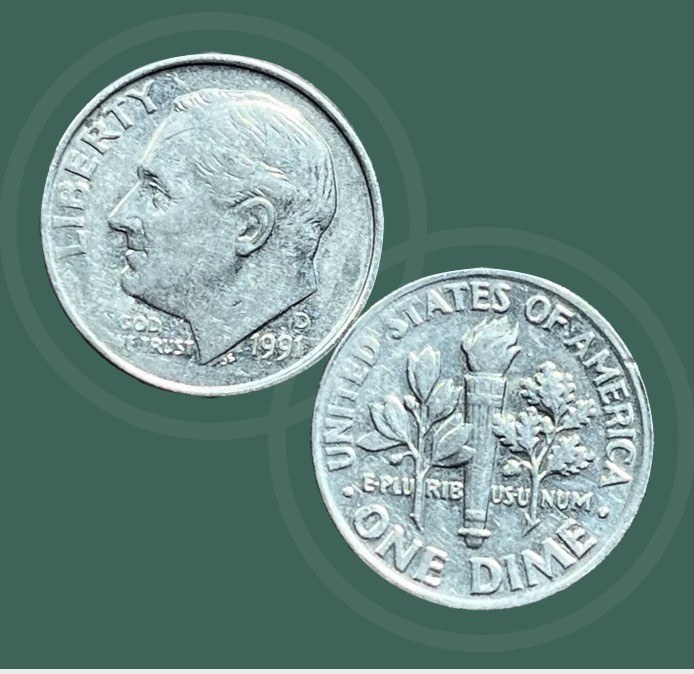 1991 D Roosevelt dime struck through grease,  WEAK STRIKE, Read Description