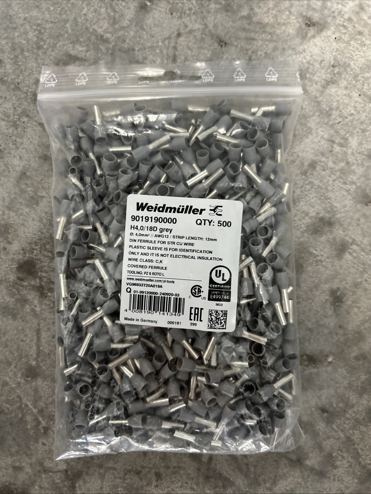 (111C) New Weidmuller 9019190000 New Gray Wire End Ferrules (Qty 500) 12 AWG
