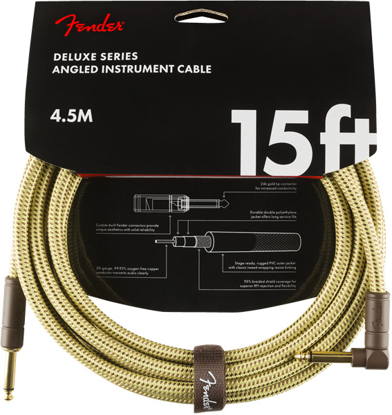 Fender Deluxe TWEED Guitar/Instrument Cable, Straight-Right Angle, 15' ft