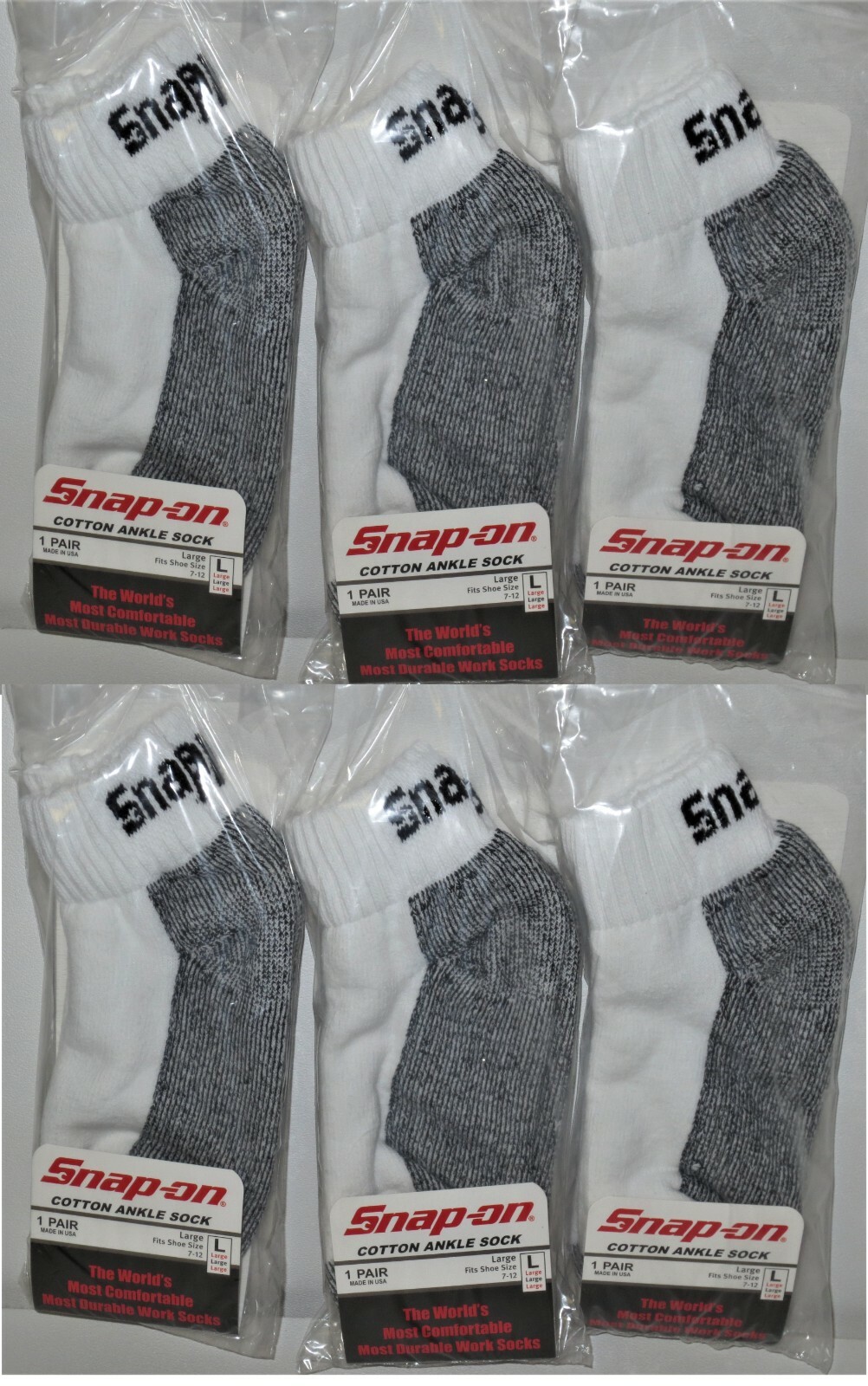 12 PAIRS Snap-On Ankle Socks Men's WHITE LARGE *FREE SHIPPING* MADE IN USA *NEW*