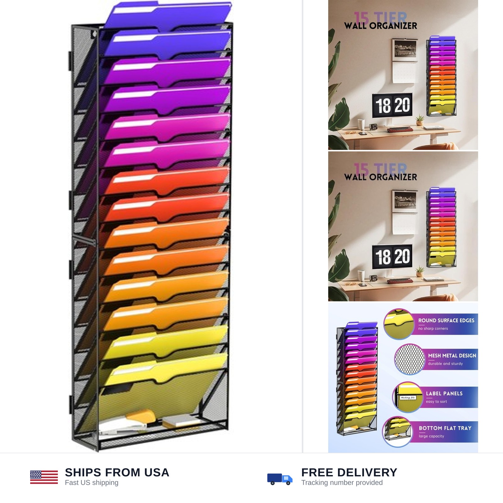 15-Tier Wall File Organizer and Hanging File Organizer with Base, Black | Wal...