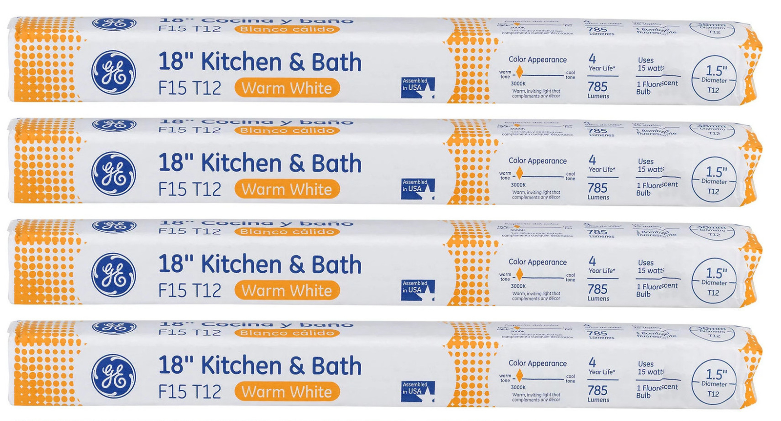 (4 lamps) GE Lighting 36105 Fluorescent T12 Kitchen and Bath light, F15/T12,