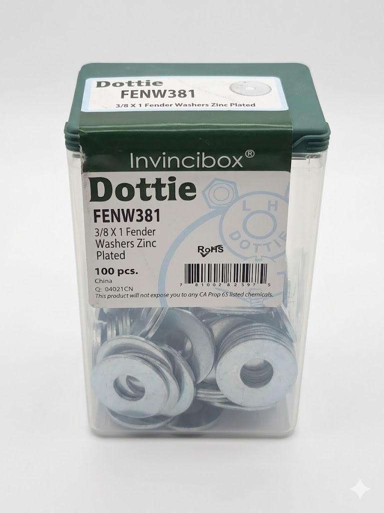 3/8" x 1" Fender Washers Zinc Plated, Dottie FENW381, 100-Pack