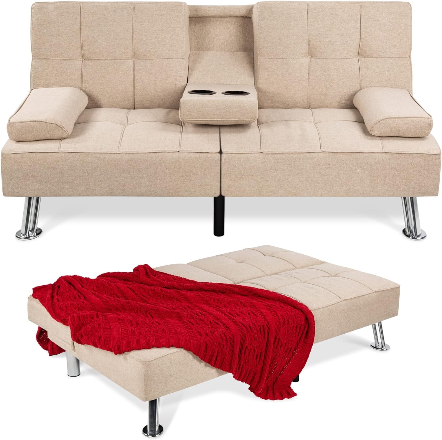 Linen Modern Folding Futon Reclining Sofa Bed Removable Armrests 2 Cupholders