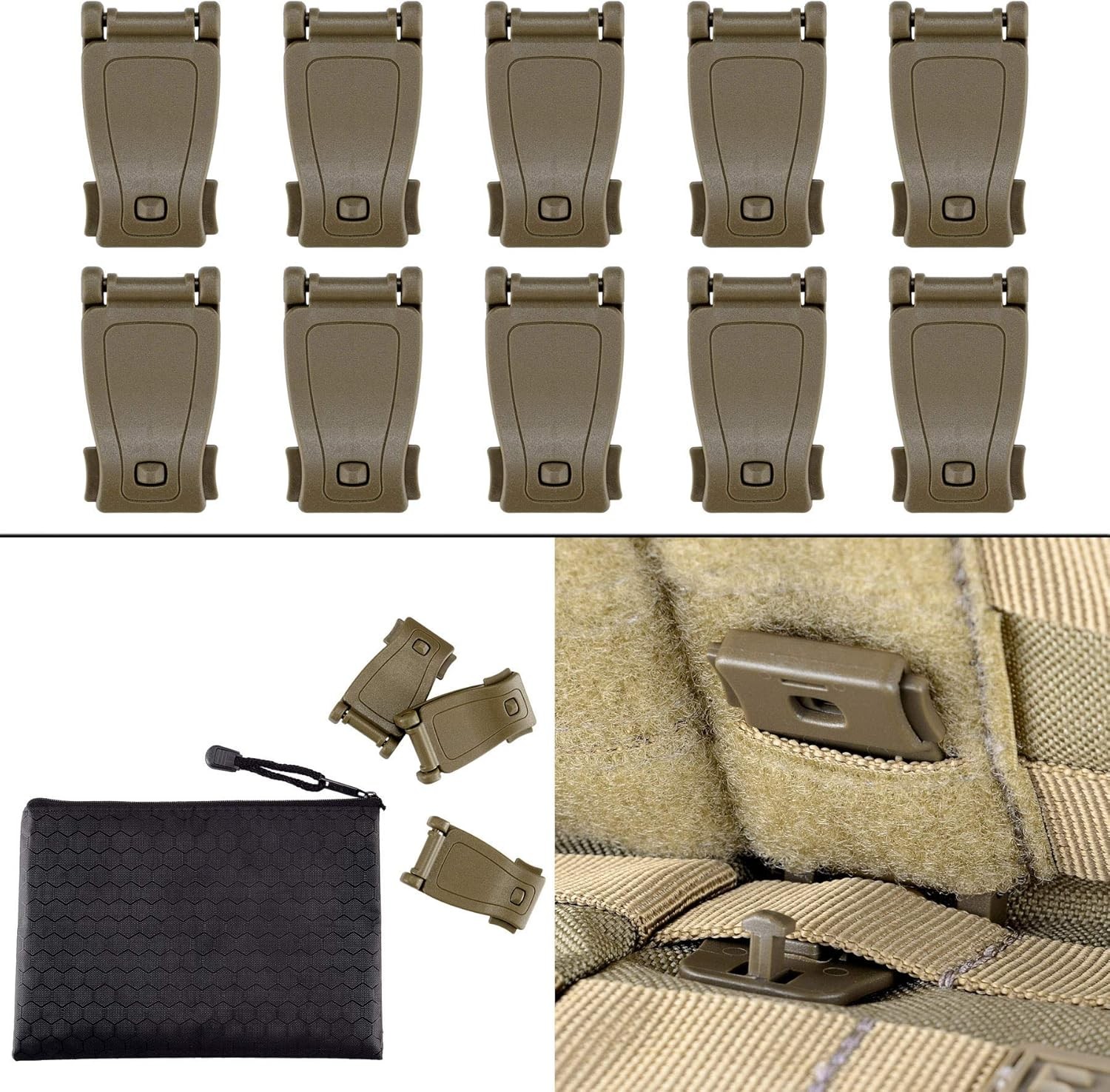 BOOSTEADY Multipurpose MOLLE Clip Tactical 10 Pcs Plastic Clips (Brown)