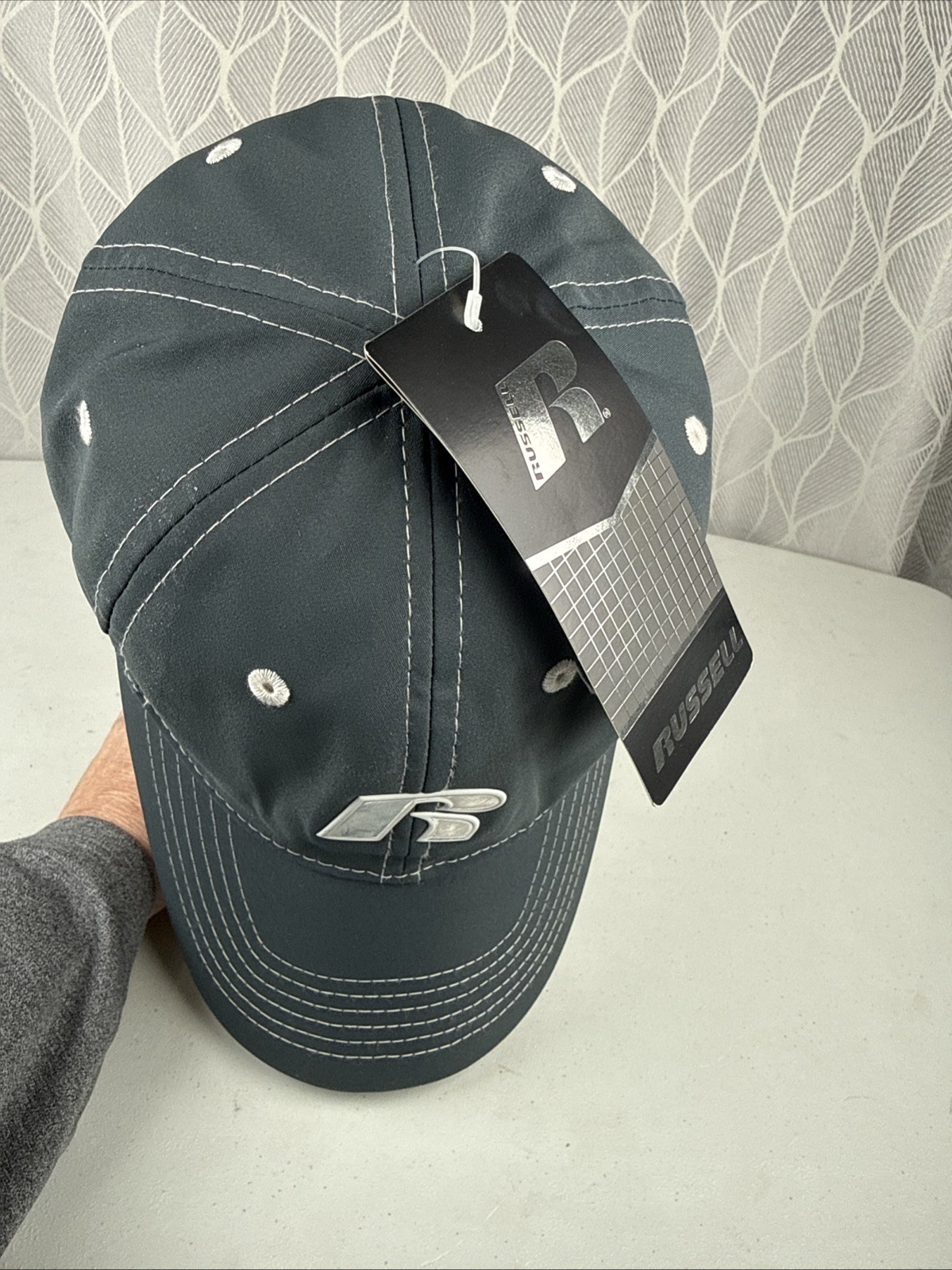 Russell R White Shiny on Gray Blue Hat Cap S/M Hook Loop NWT