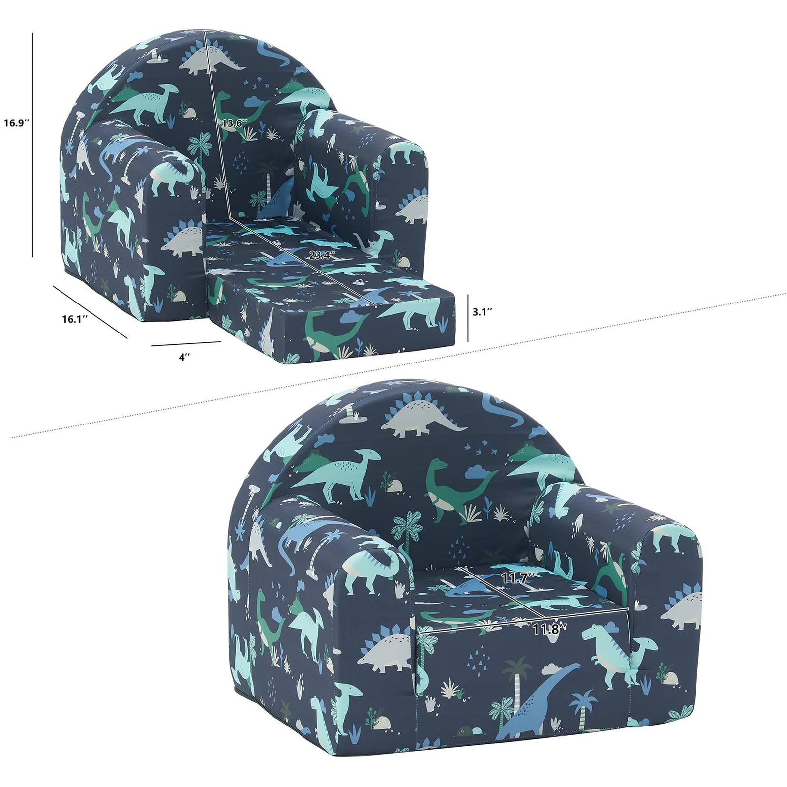 Kids Sofa Couch, 2-in-1 Flip Out Toddler Couch, Baby Lounge Chair (Navy Dinos...
