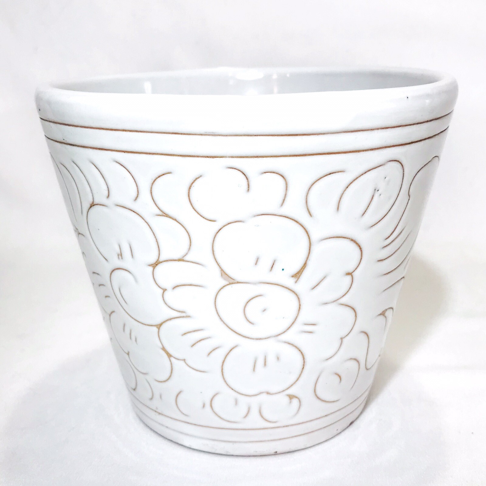 Vintage Italian Sgraffito Pottery Planter Monochromatic 5" Signed