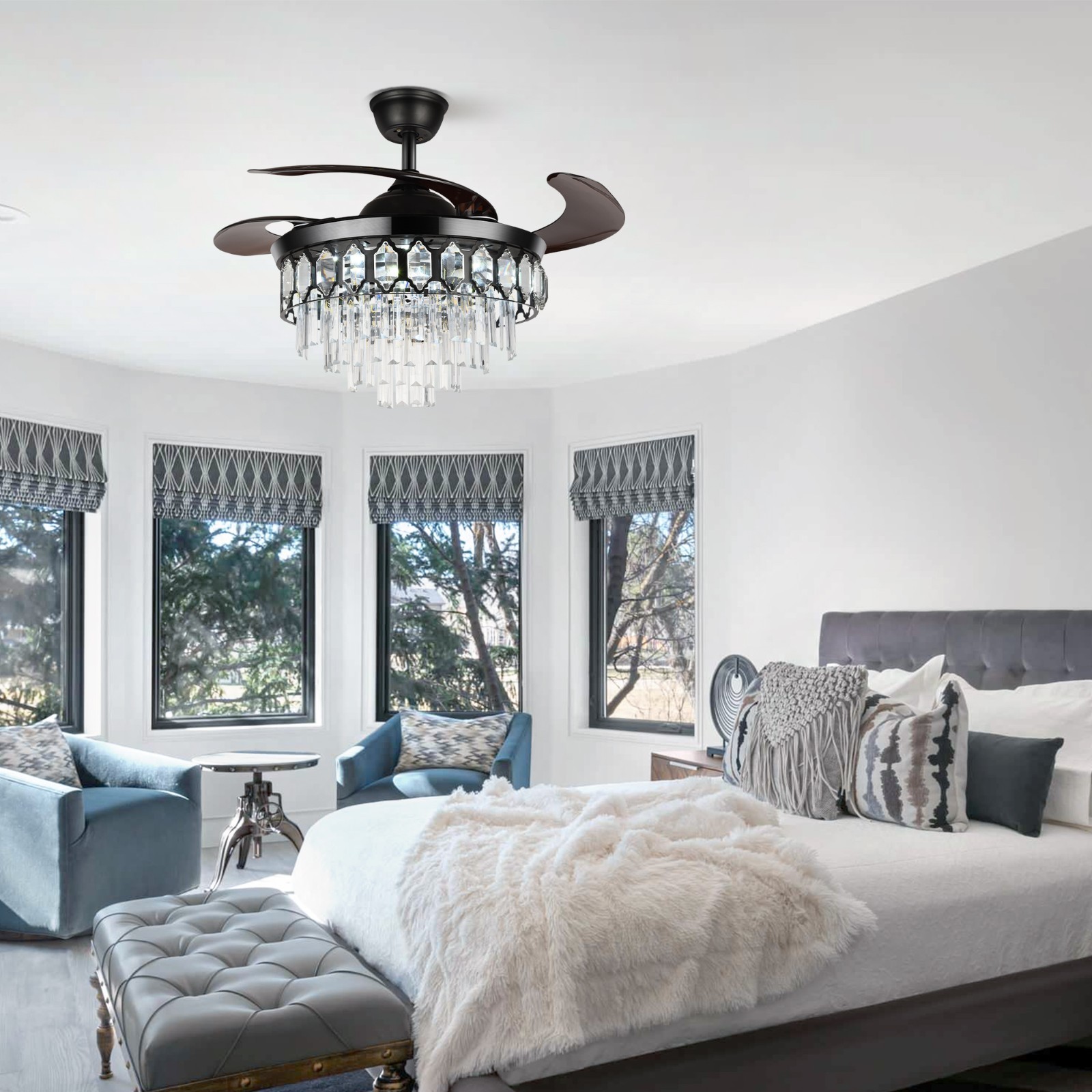 Luxury 42" Retractable Crystal Ceiling Fan Light w/ Remote, 6-Speed