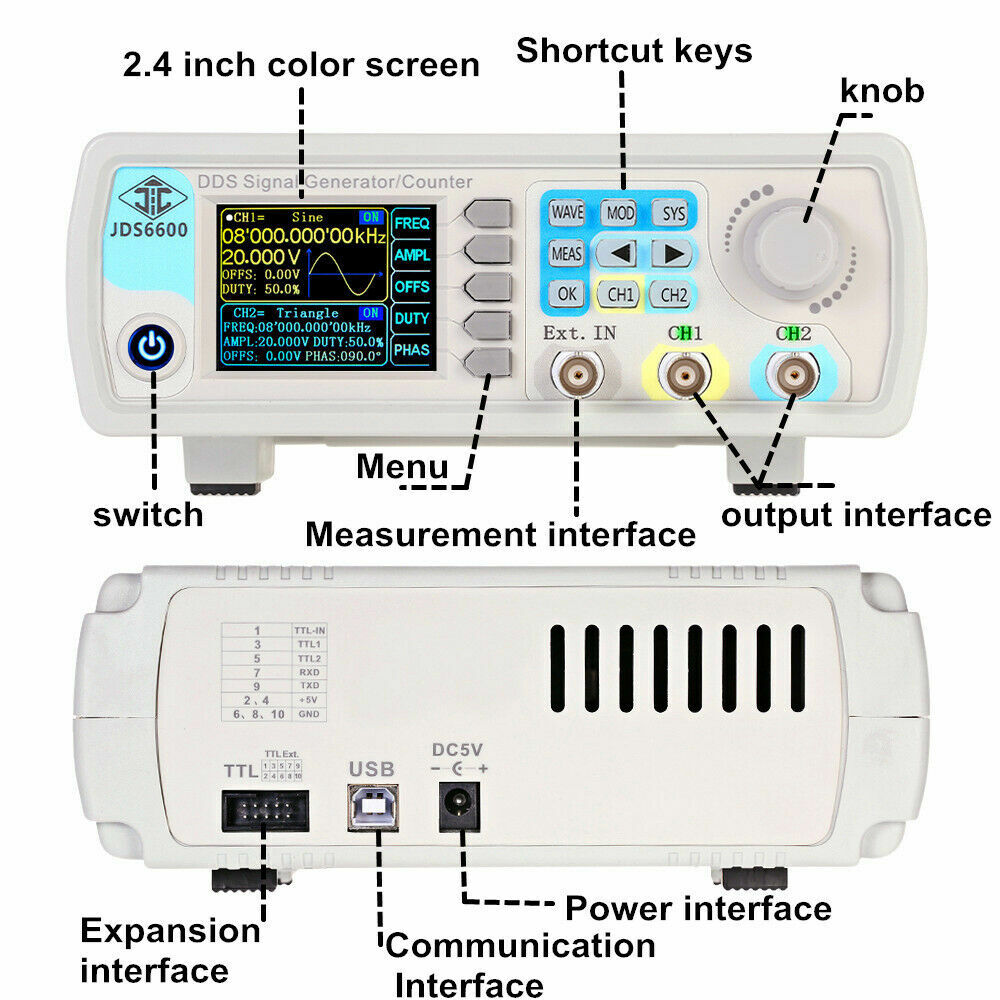 JDS6600 60MHz Signal Generator Dual Channel DDS Function Waveform 2.4" Display