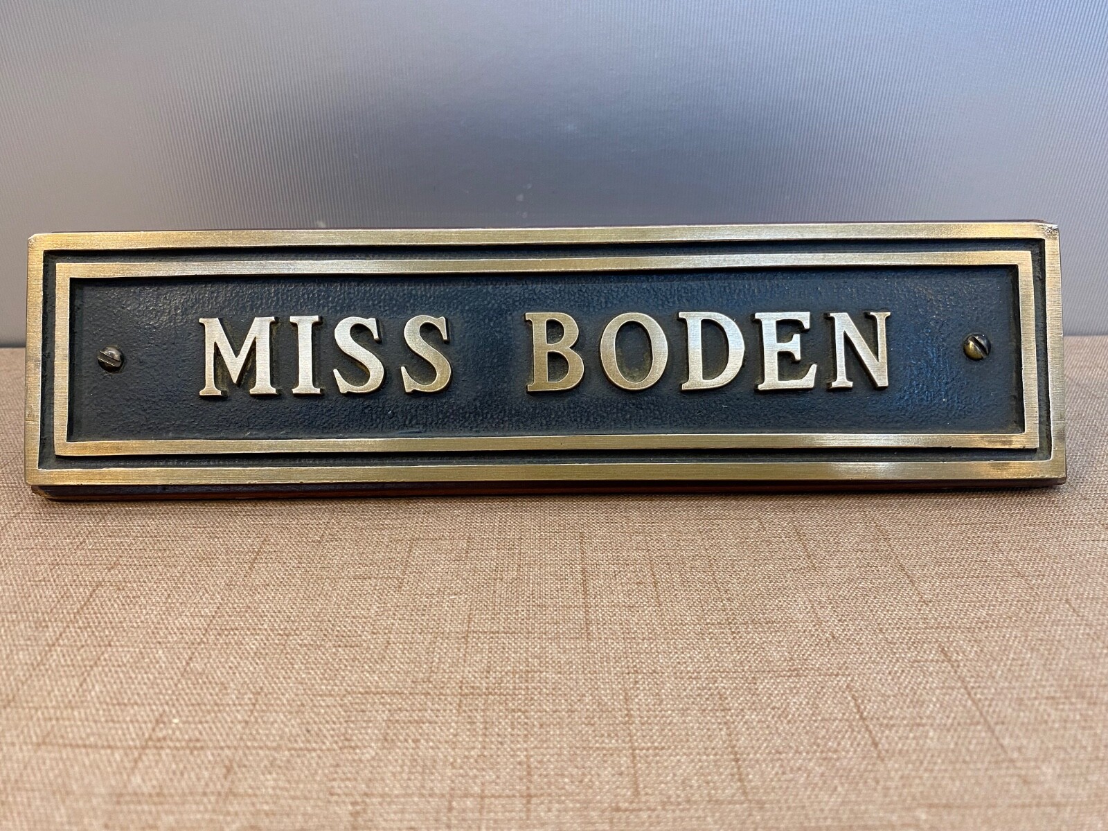 Calling MISS BODEN, Vtg Desk Name Plate Embossed BRASS on Hard Wood, Felt Pad