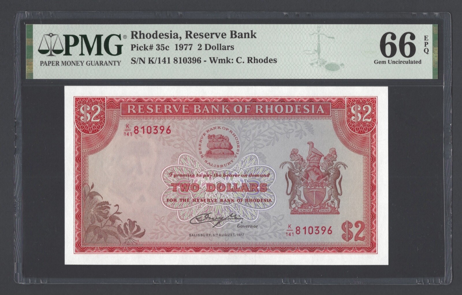 Rhodesia 2 Dollars 5-8-1977 P35c Uncirculated Grade 66