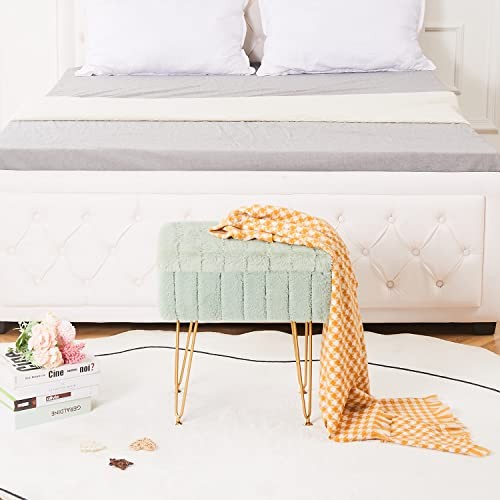 Faux Mink Fur Storage Ottoman, Modern Soft Footstool, Storage Light Green