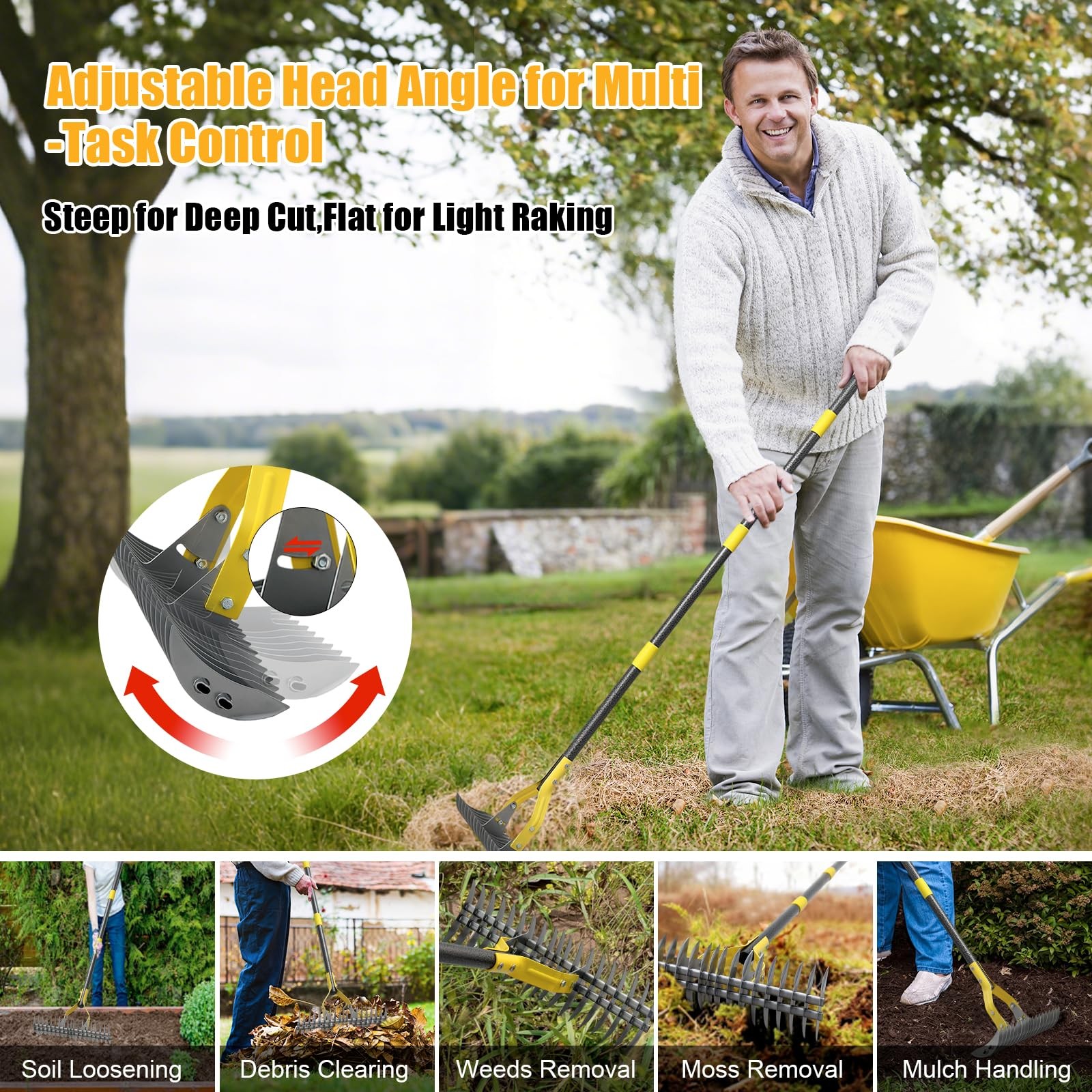 Heavy Duty Thatch Rake for Lawns -15"Dual-Action Dethatcher Thatching with Sharp