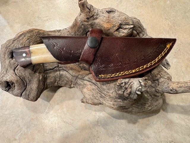 Large Damascus knife w/nice wood & bone handle & leather sheath hand made
