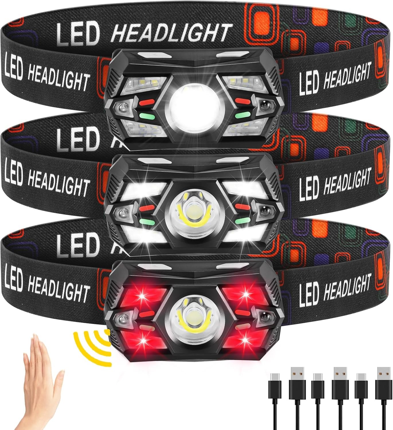 3 Pack LED Rechargeable Headlamps w/ Motion Sensor & Red Light for Camping