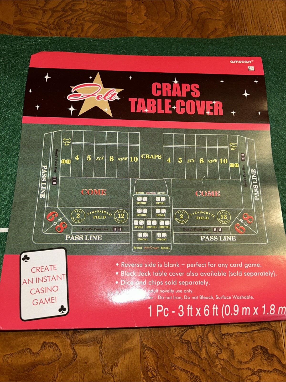 Amscan Craps Table Felt Cover, 6ft Green Felt Reversible - Casino Dice Game