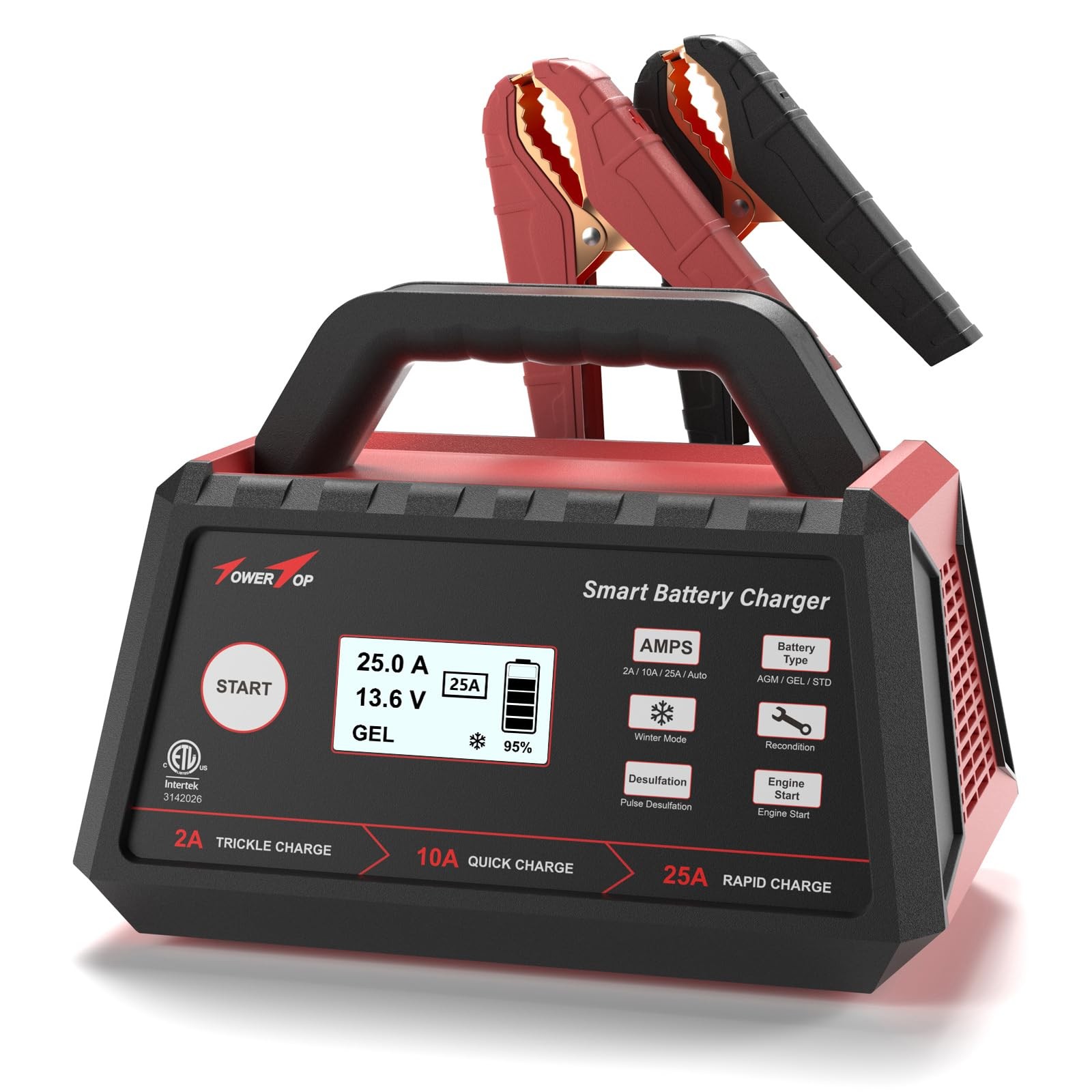 TowerTop 2/10/25 Amp 12V Smart Car Battery Charger, Fully Automatic 25A