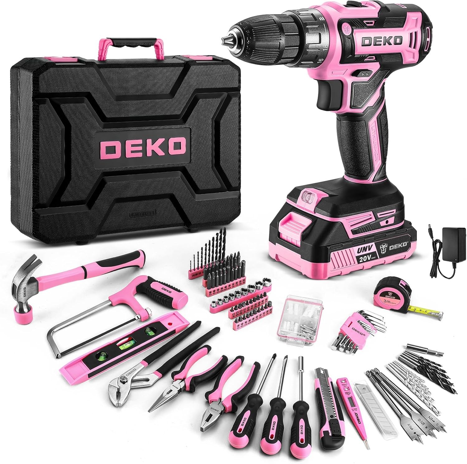 DEKOPRO Pink Power Drill Tool Kit Set 20V Cordless Electric Drill Driver Battery