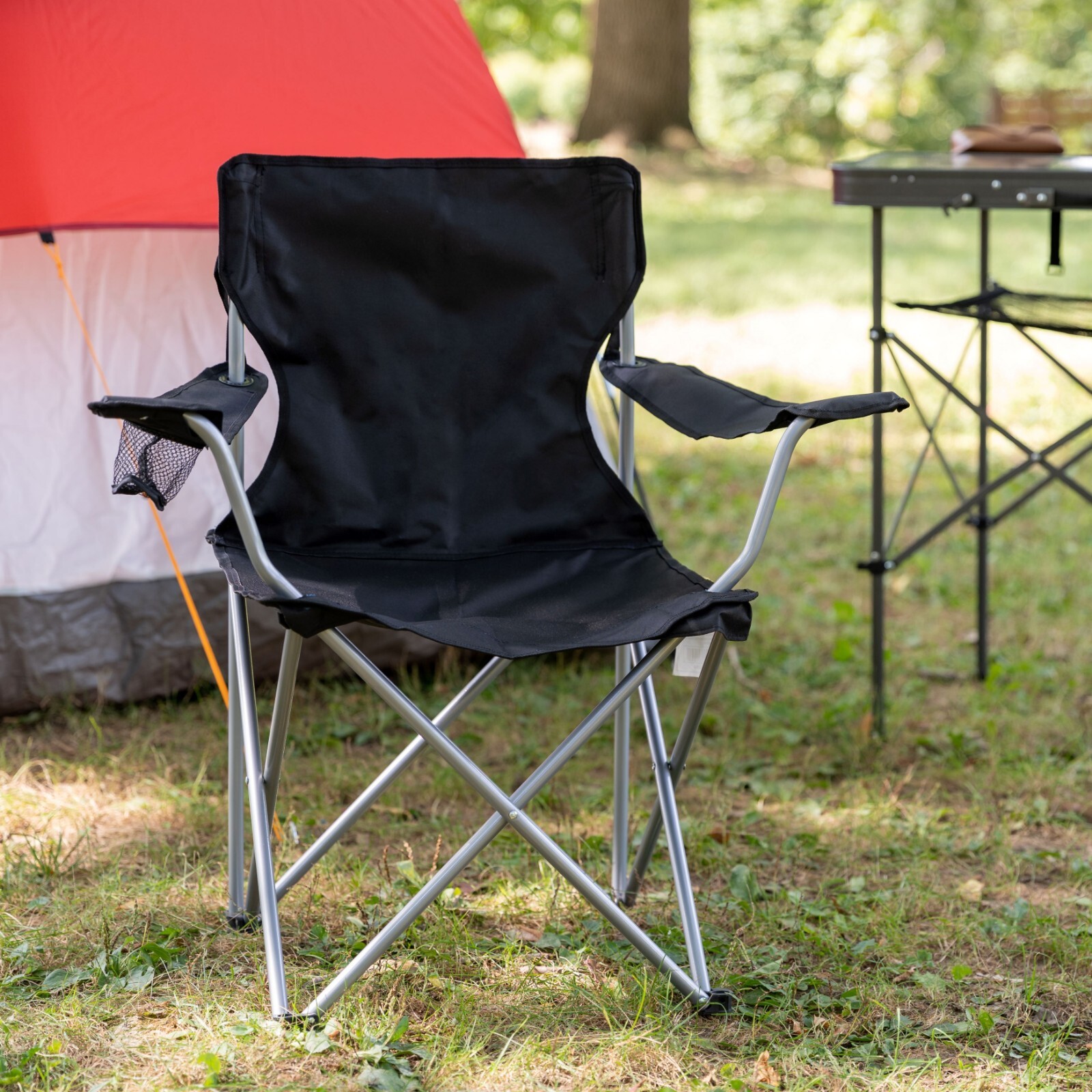 Ozark Trail Basic Quad Folding Camp Chair with Cup Holder, Black, Adult