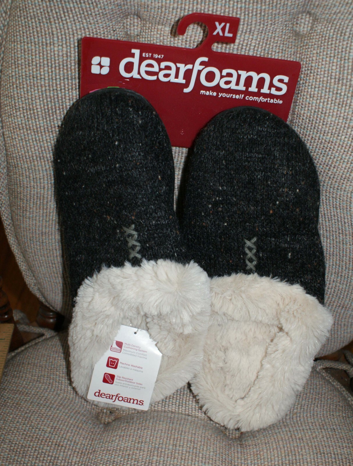 Women' DearFoam Sweater Knit Clog Slippers Faux Fur Sz XL Heather Fast Shipping