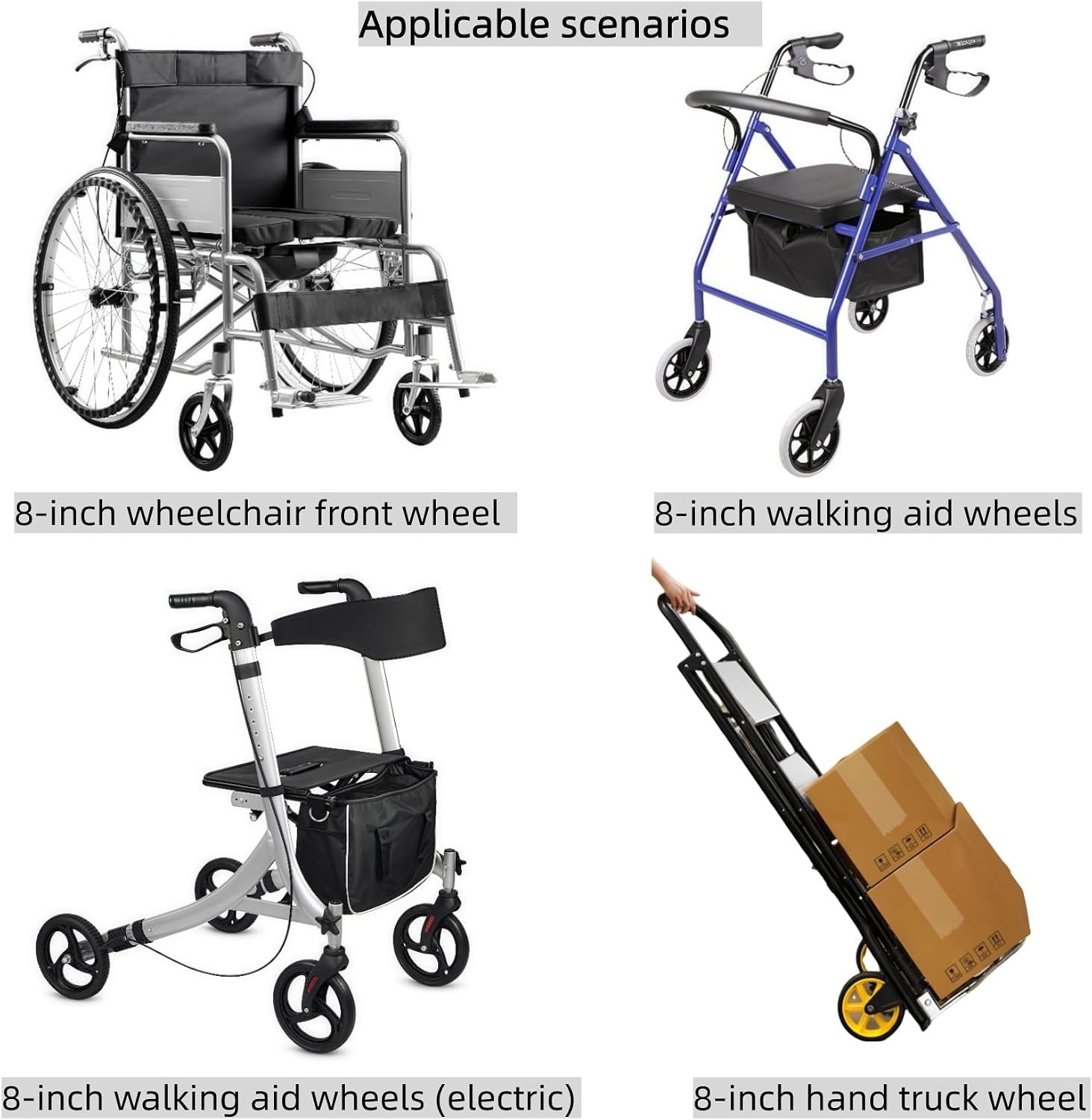 8" Black Walker Replacement Wheels, Hard Rubber, Fits Rollator | 2-Pack, Non-...
