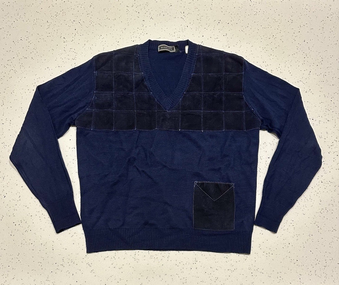 Vintage Saxony Collection Mens Sweater Acrylic Leather XL 90s Hip Hop Patchwork