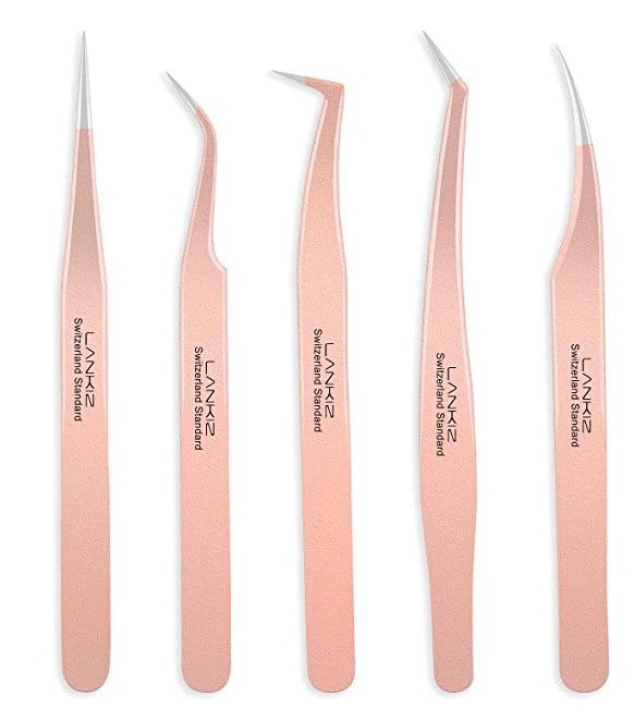 LANKIZ Eyelash Extension Tweezers Set Of 5  for Volume Lash Extensions Rose Gold