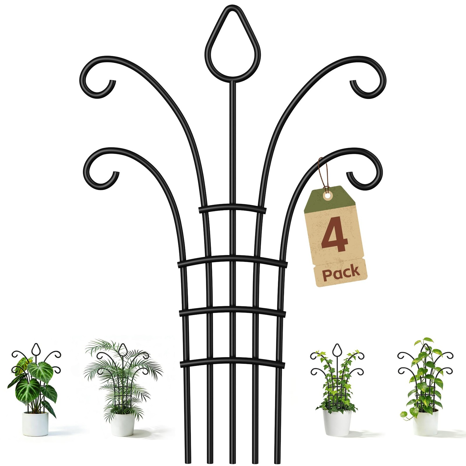 4 Pack Metal Small Plant Trellis for Potted Plants，Metal Indoor Black