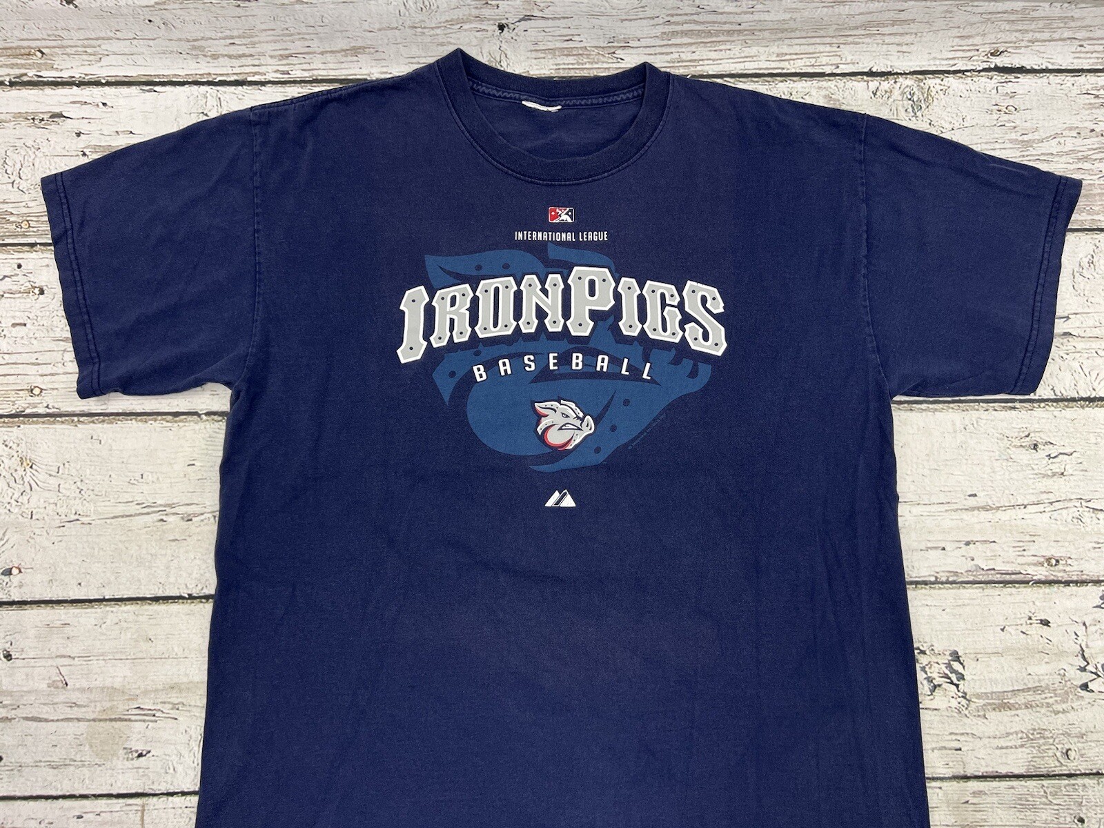 Lehigh Valley Ironpigs Baseball MiLB Spell Out Logo Majestic Navy Men's T-Shirt