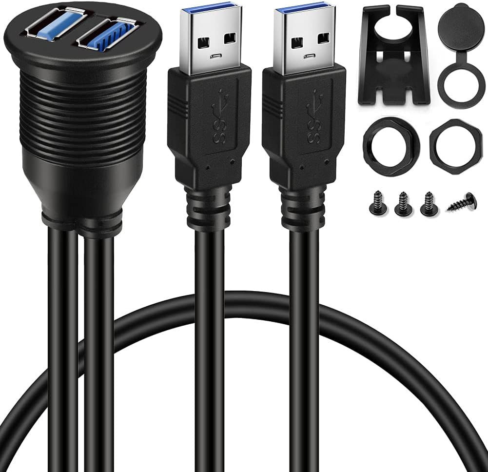 2 Ports Dual USB 3.0 Male to USB 3.0 Female AUX Flush Mount Car Mount Extension
