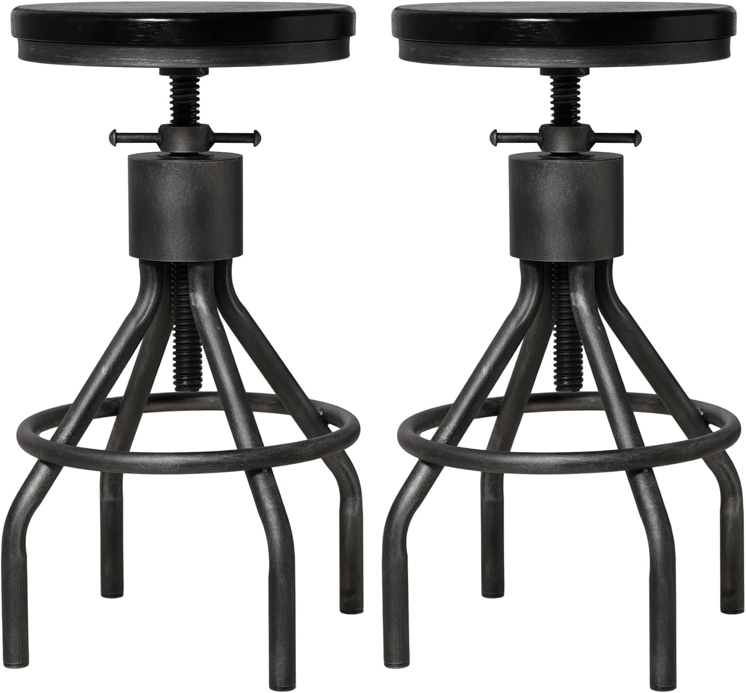 Set 2 Industrial Bar Stool-Vintage Adjustable round Wood Metal Swivel Stools-23-