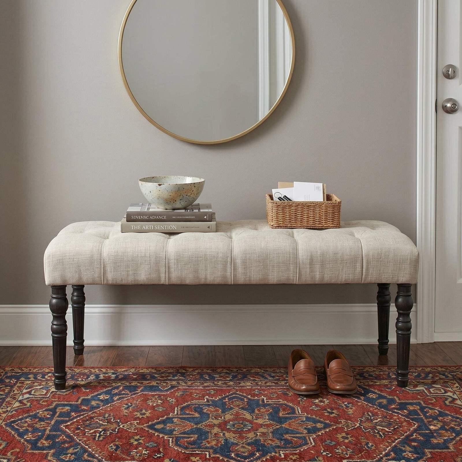 Leviton Fabric Tufted Turned Leg Dining Bench, Tan