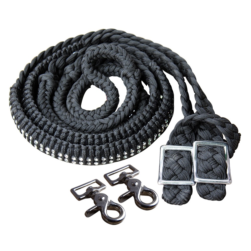DL 1" X 8Ft Hilason Braided Poly Horse Barrel Reins Flat Grip Knots Crystal W/