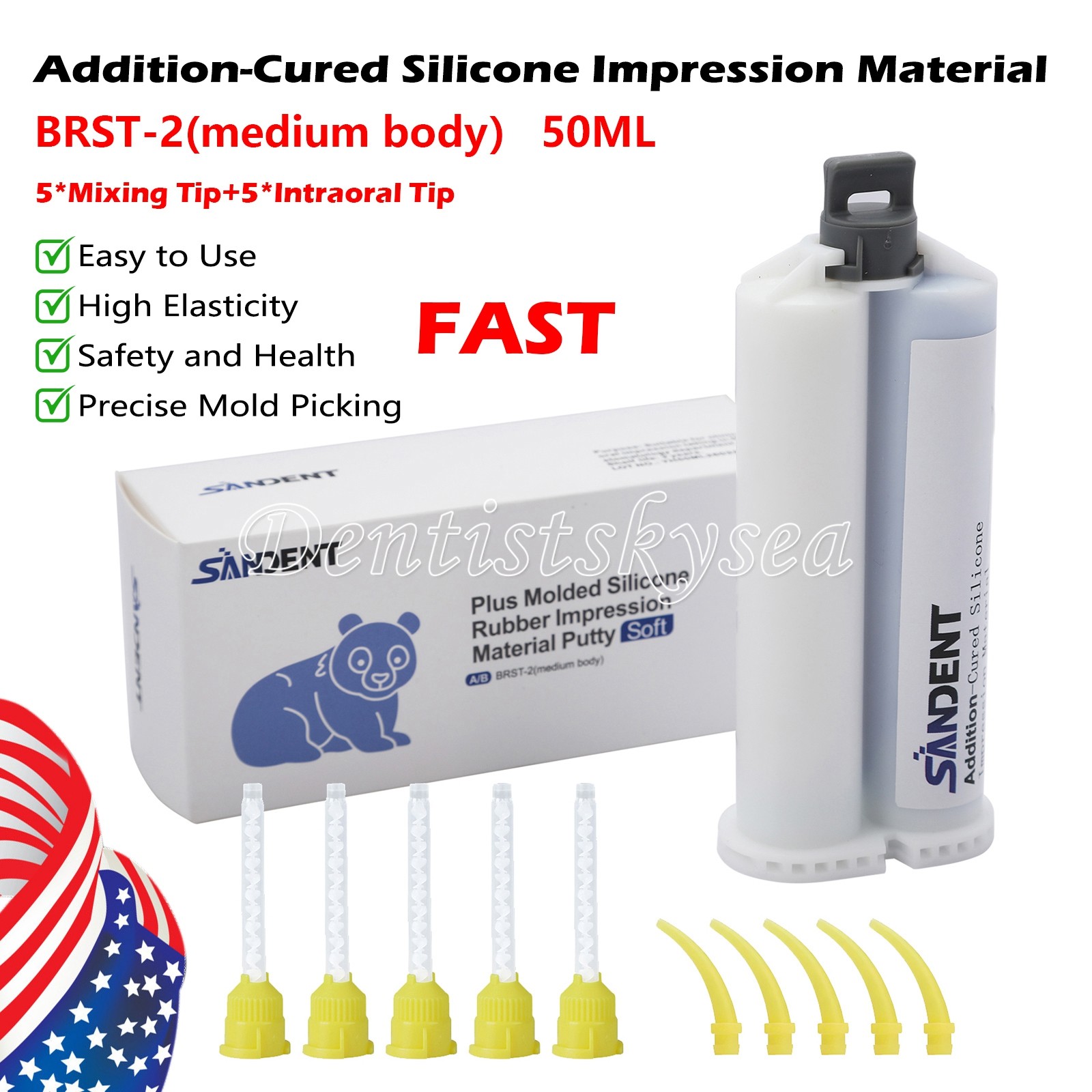 10Packs MEDIUM BODY Impression Material FAST SET 50ml Cartridges VPS+Mix Tips