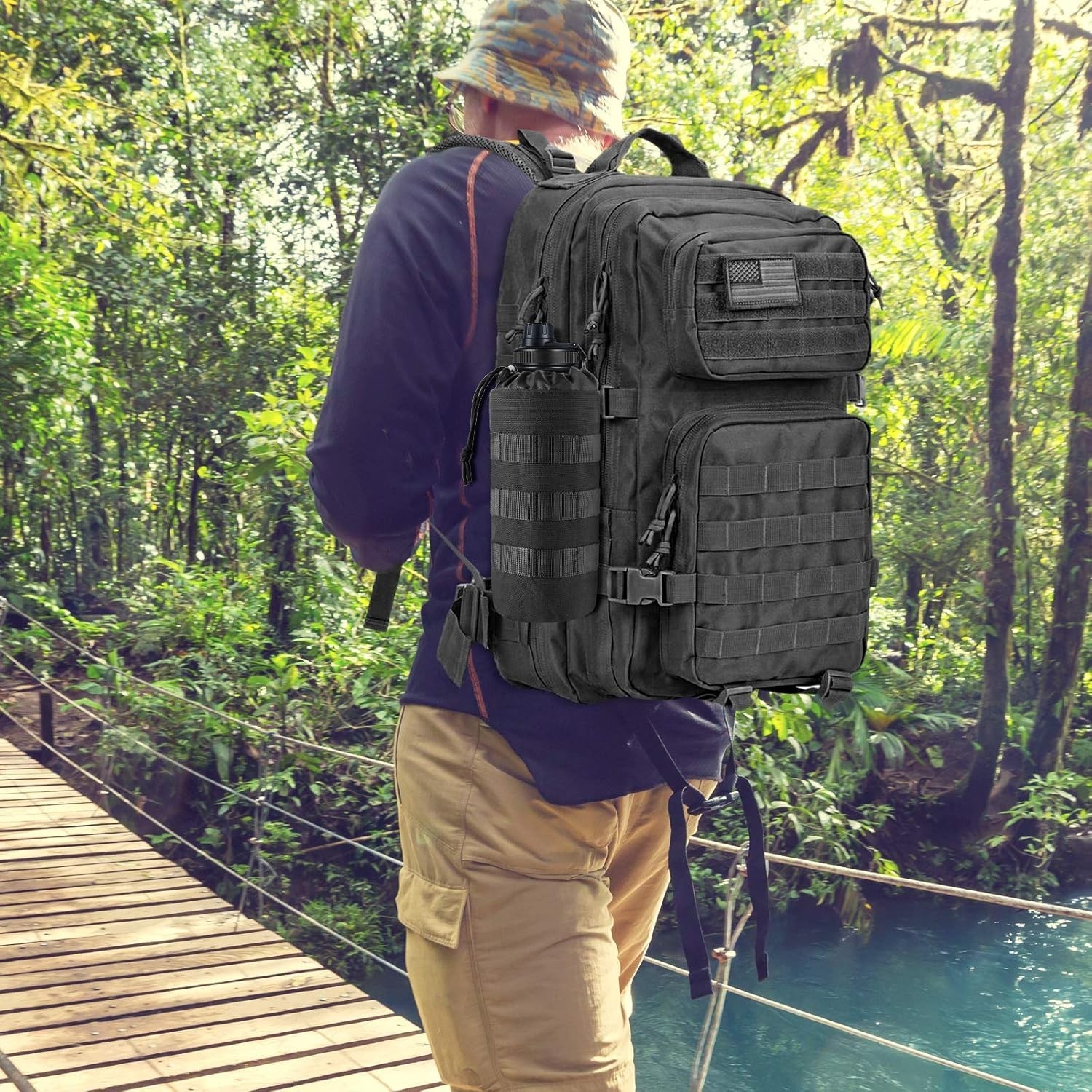Tactical MOLLE Water Bottle Pouch with Drawstring Open Top & Mesh Bottom, Mil...
