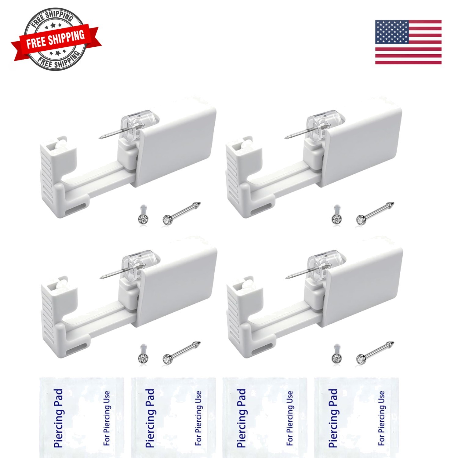 4 Pack Nose Piercing Kit, Disposable Safe Sterile Nostril Perforated Gun, Sel...
