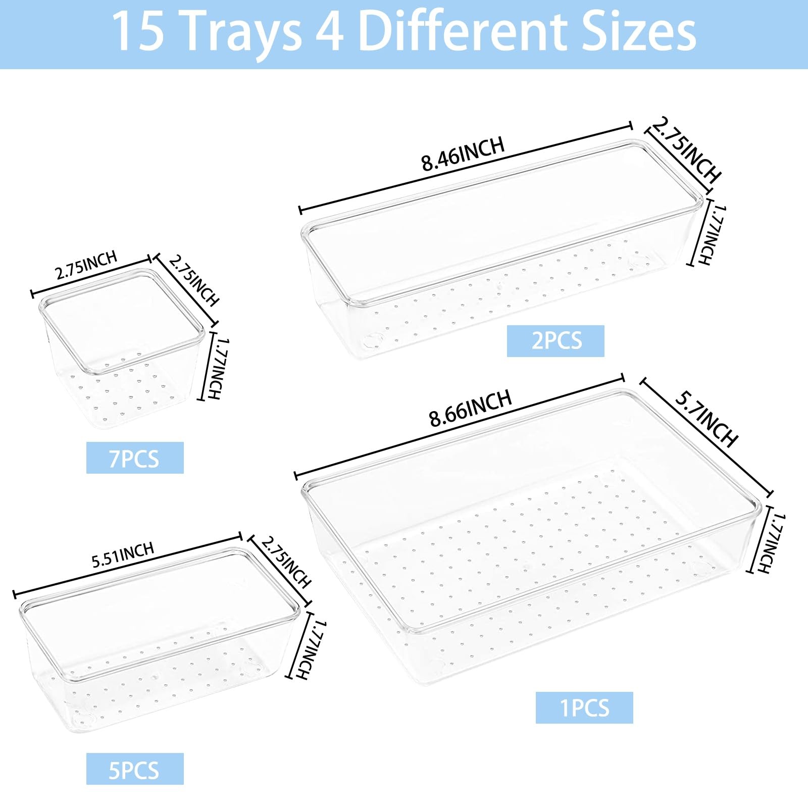 Clear Plastic Drawer Organizers Set of 15, 4 Sizes for Kitchen & Office