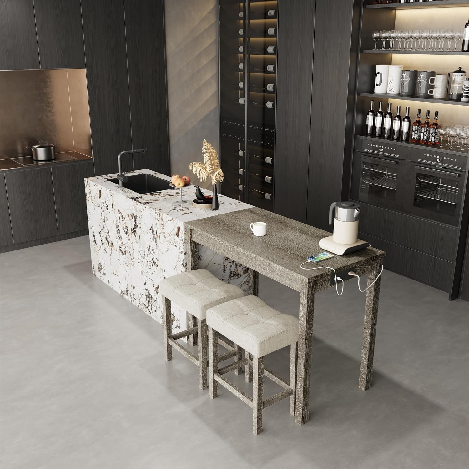 3-Piece Counter Height Bar Table Set with Socket and 2 Fabric Padded Bar Stools,