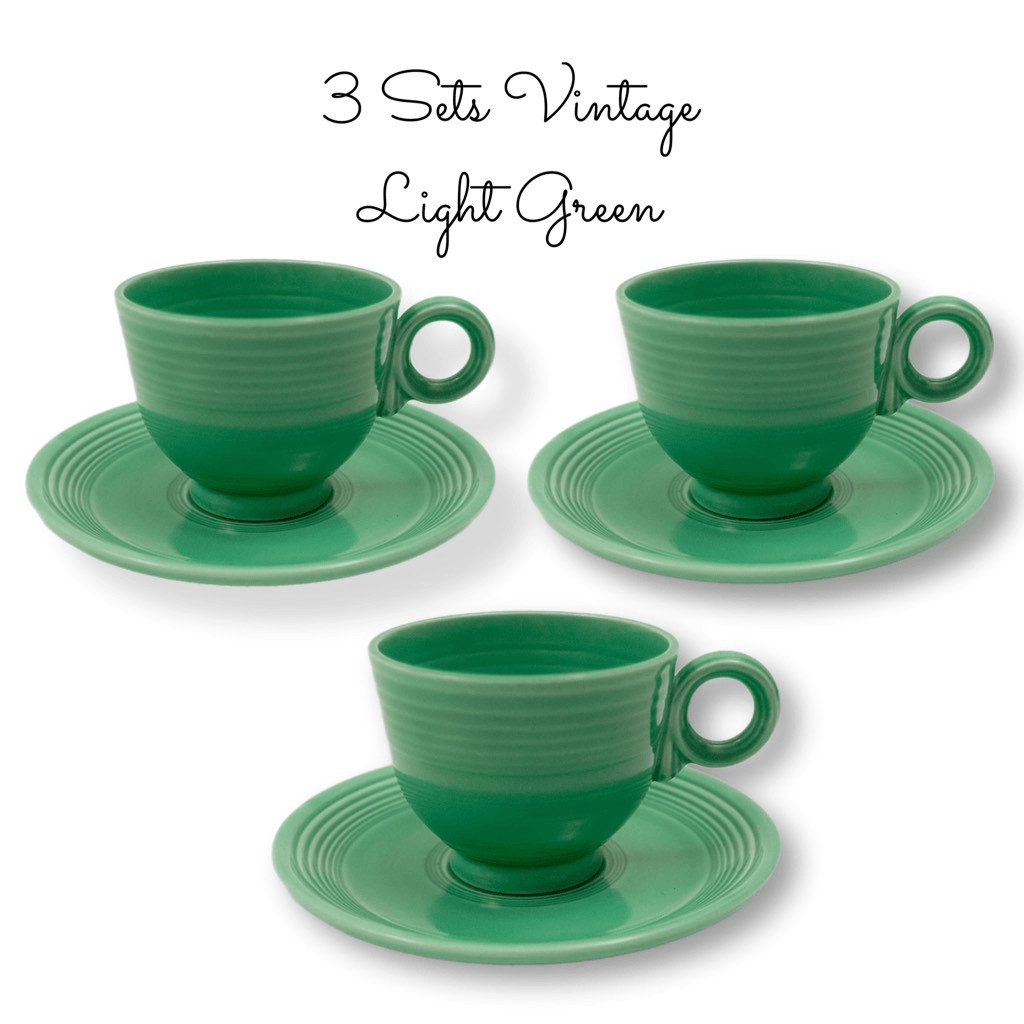 Fiesta Fiestaware Set of 3 Vintage Original Light Green Glaze Teacup Saucer Sets