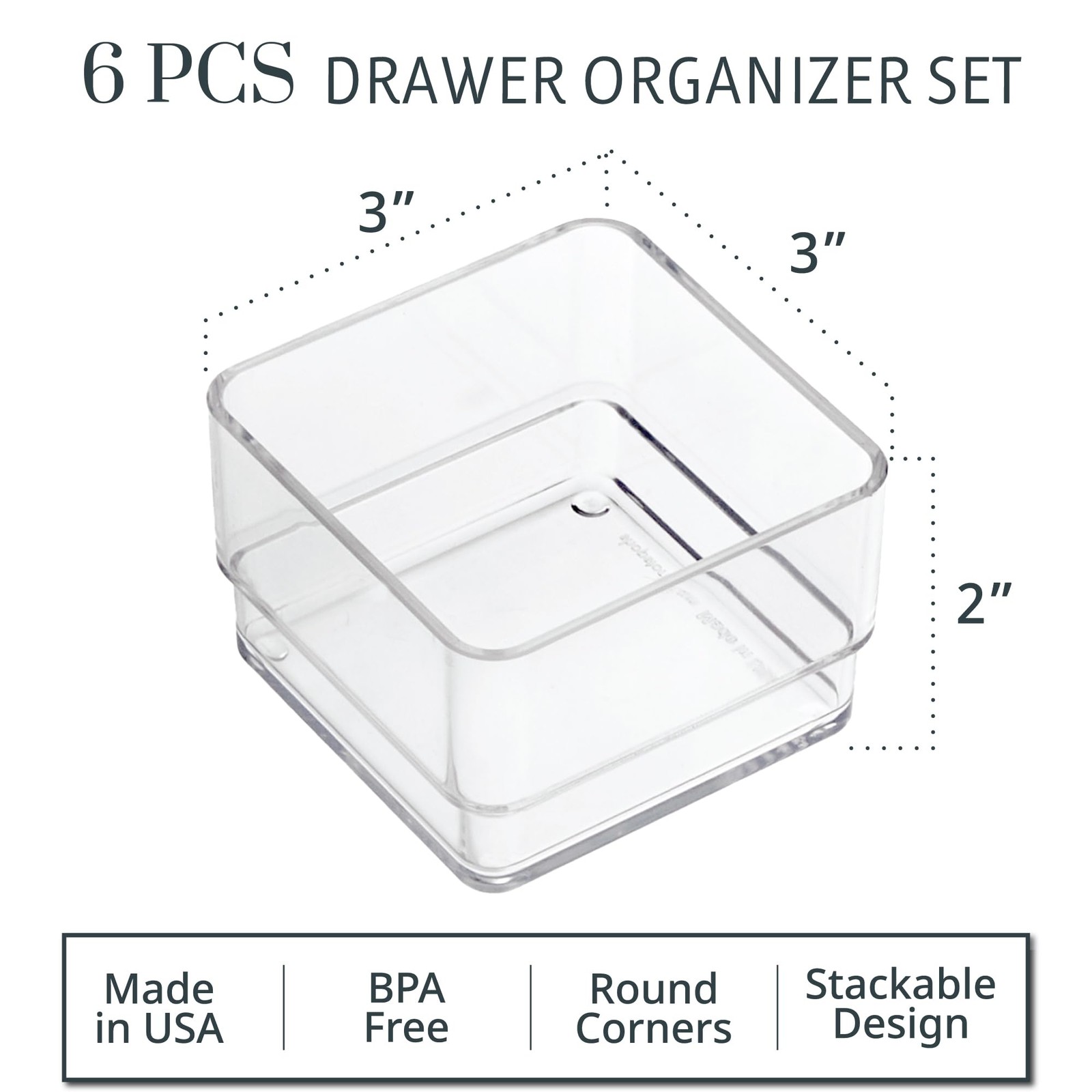 SimpleSort 6-Piece Stackable Clear Drawer Organizer Set | 3" x 3" x 2" Square...